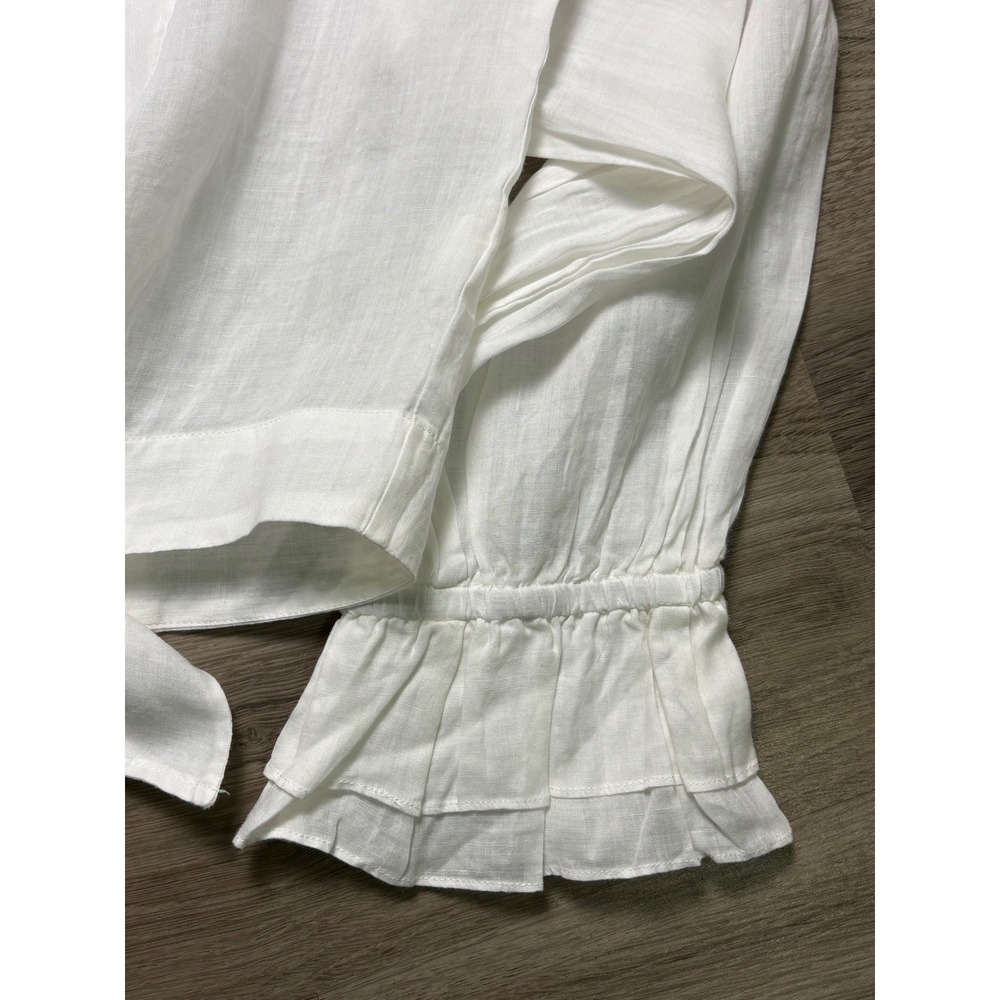 Zara White Ramie Tie Front Crop Blouse Ruffle Cuff Long Sleeve L Boho Feminine - Picture 8 of 13